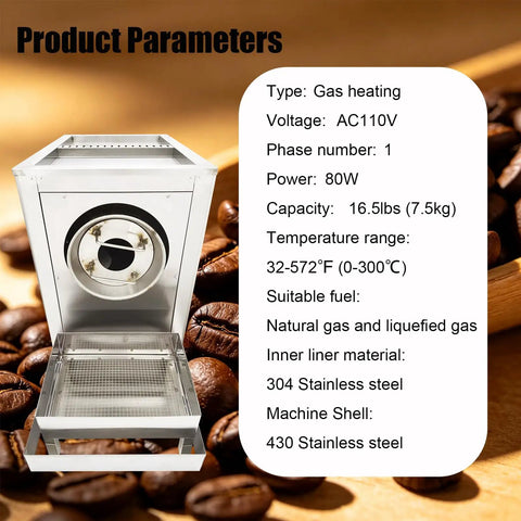 Heavy Duty Commercial Gas Coffee Roaster For Beans Nuts And Seeds Featuring Precise Temperature Control with 7.5kg capacity.