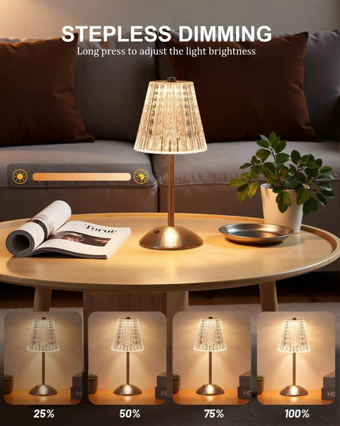 Cordless Crystal Lamp With Color Changing Touch Control on a round table, showing stepless dimming feature with brightness percentages.