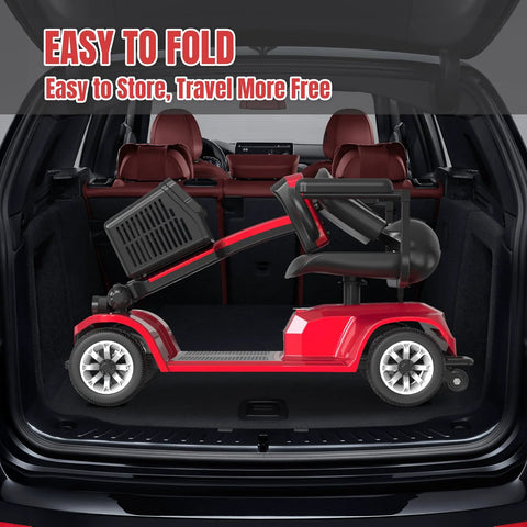 Movcan X-02 red 4-wheel foldable electric mobility scooter with swivel seat, stored in car trunk.