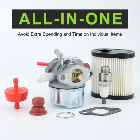 Go To Replacement Carburetor For Toro Recycler 22 Lawn Mower shown with air filter and spark plug kit, side view.