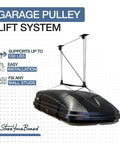 Heavy Duty Garage Ceiling Hoist For Cargo Box Pulley System Holds 150 Lbs displayed with rooftop carrier in garage setup