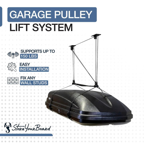 Heavy Duty Garage Ceiling Hoist For Cargo Box Pulley System Holds 150 Lbs displayed with rooftop carrier in garage setup