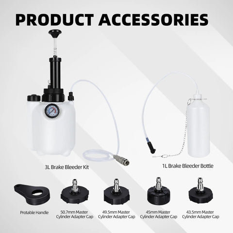 3L Brake Bleeder Kit with Vacuum Pump, 1L Catch Bottle, 4 Master Cylinder Adapters, and 3L Reservoir for Most Vehicles, Easy One Person DIY Brake Bleed for Your Home Garage White, shown with components.