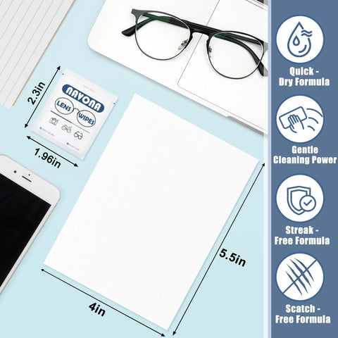 Front view of 500-count lens wipes bulk pack in an individually wrapped white sachet labeled LENS WIPES for eyeglasses.