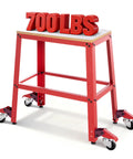 Heavy Duty Rolling Tool Platform With Smooth Glide Casters Universal Mobile Work Bench Stand For Drill Press And Miter Saw Setup Up To Seven Hundred Pounds Capacity Garage Shop Dog Upgrade with red casters and 700 lbs sign.