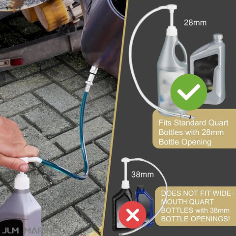Lower Unit Gear Lube Pump Kit with Swivel and adapters, fits standard 28mm quart bottles, hose for outboard oil changes.