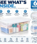 Clear Plastic Storage Bins With Tight Snap On Lids 6 Quart stackable box showing toiletries and linens organized inside.