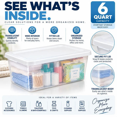 Clear Plastic Storage Bins With Tight Snap On Lids 6 Quart stackable box showing toiletries and linens organized inside.