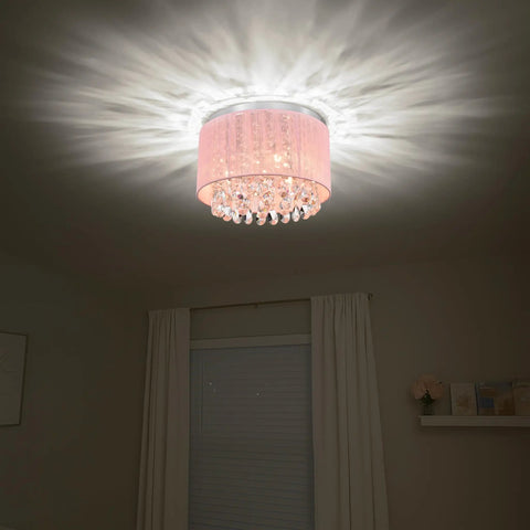 Pink Chandelier Drum Flush Mount Crystal Ceiling Light Fixture With 3 Lights Handmade Cotton Thread For Girl Bedroom Nursery Chic Modern Decor And Glam Lighting With A Lit Vibe For Living Room Or Kids Room Decor