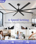 96 Inch Industrial Ceiling Fan With DC Motor, 6 Speeds Reversible, 8 Aluminum Blades, Black for cooling large spaces with adjustable speeds.
