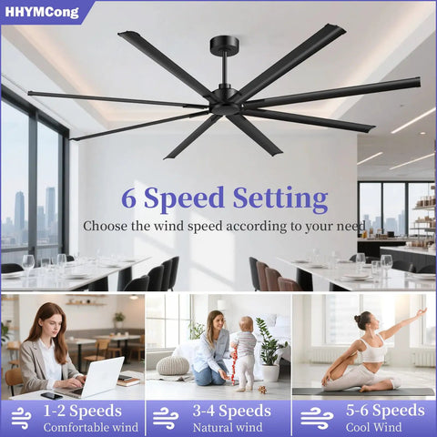 96 Inch Industrial Ceiling Fan With DC Motor, 6 Speeds Reversible, 8 Aluminum Blades, Black for cooling large spaces with adjustable speeds.