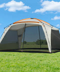 Front view of a Screen House Tent 12x12 Feet Screen Room With Mesh Gazebos And Two Zipper Doors Ideal Camping Shelter.