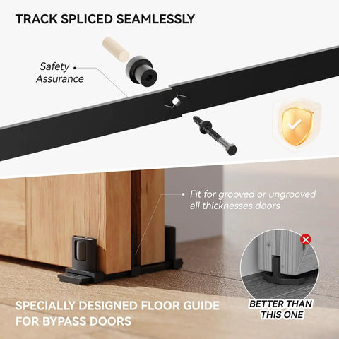 Close-up of the 10 Feet Bypass Sliding Barn Door Hardware Kit for Double Wooden Doors, single track, bypass floor guide visible.