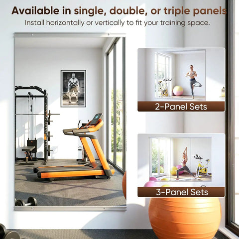 Two Piece Full Body Mirrors 48 By 24 Inches Frameless Tempered Glass Wall Mounted in Home Gym with Exercise Equipment