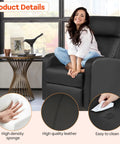 Woman sitting on Leather Black Recliner Sofa Massage Chair With Home Theater Vibes next to a table, showing material details.