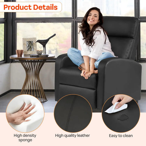 Woman sitting on Leather Black Recliner Sofa Massage Chair With Home Theater Vibes next to a table, showing material details.