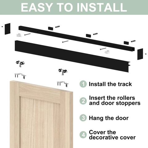 Installation guide for Low Clearance 4 Ft Barn Door Hardware Kit with Aluminum Box Rail Track for single wooden doors.