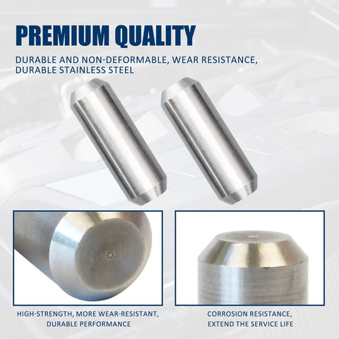 Two stainless steel bellhousing alignment dowel pins (front view), extended length for Chevy LS engines to transmission.