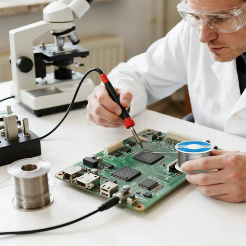 Technician using 63/37 Tin Lead Rosin Core Solder Wire For Circuit Boards And Electrical Repairs, 0.8mm Diameter, 2.0 Percent Flux