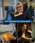 Amber Glow Clip On Book Light With 1800K Eye Care LED for reading on a train, in a car, and at home at night, blocking blue light.