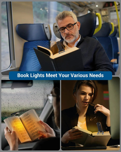 Amber Glow Clip On Book Light With 1800K Eye Care LED for reading on a train, in a car, and at home at night, blocking blue light.