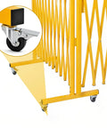 Worksite Tough Heavy Duty Steel Traffic Barricade With Smooth Glide Wheels And No Fuss Scissor Safety Gate For Contractor Jobsite crowd control wheels close-up.