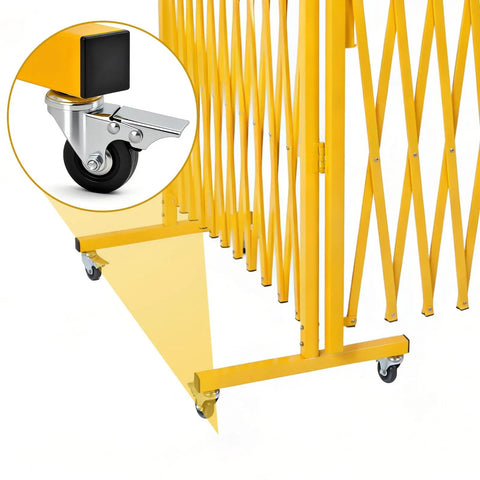 Worksite Tough Heavy Duty Steel Traffic Barricade With Smooth Glide Wheels And No Fuss Scissor Safety Gate For Contractor Jobsite crowd control wheels close-up.