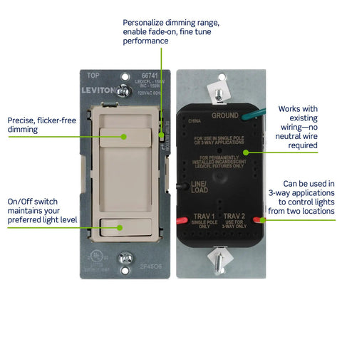 Super Smooth Glide Flicker Free LED Dimmer Wall Switch For 150 Watt Leds Halogen And Incandescent Fixtures No Fuss Install heavy duty control with features highlighted.