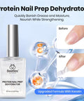 Protein nail prep dehydrator bottle and before-after nail application for 4-Piece Gel Nail Kit With Base Coat, Top Coat, Dehydrator And Primer For Acrylic And Gel Polishes, Extra Glossy Finish, Acid-Free And HEMA-Free Nail Prep Bond, Pro-Grade Shine, 15ml