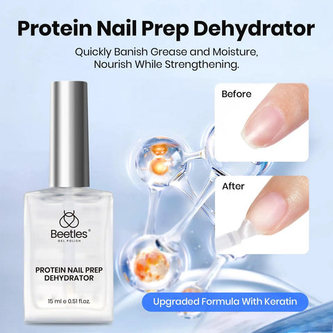 Protein nail prep dehydrator bottle and before-after nail application for 4-Piece Gel Nail Kit With Base Coat, Top Coat, Dehydrator And Primer For Acrylic And Gel Polishes, Extra Glossy Finish, Acid-Free And HEMA-Free Nail Prep Bond, Pro-Grade Shine, 15ml