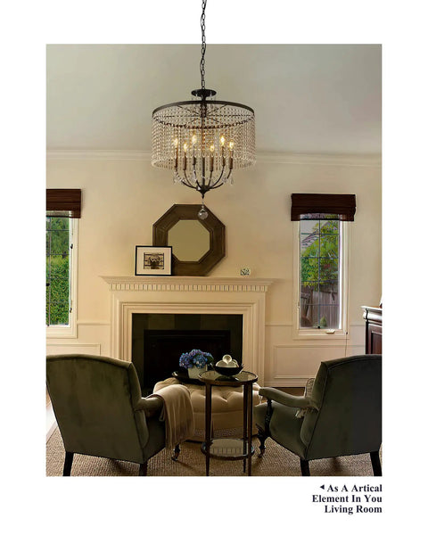 Modern Black 24 Inch Farmhouse Crystal Chandelier with 6 Lights hanging in a living room over an elegant seating area.