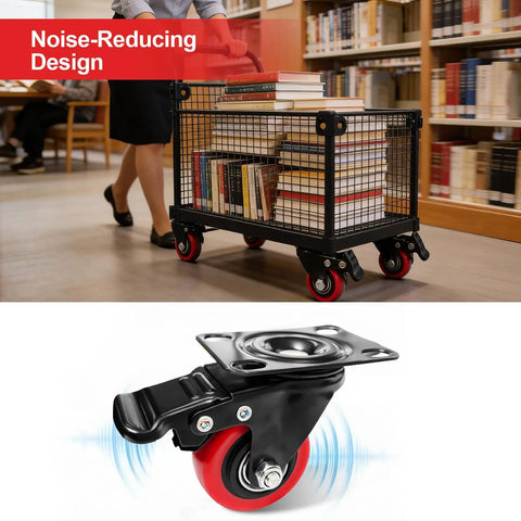 Heavy Duty 2 Inch Caster Wheels With Dual Brakes Silent Polyurethane Swivel Rollers on a rolling cart with books.