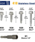Size Eight Go To Self Tapping Screws Set For Metal With Bit 410 Stainless Hex Washer Head Self Drilling No Pre Drill Needed Assorted Pack For Sheet Metal Tin HVAC And DIY Projects showing four screw sizes and one drill bit below.