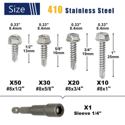 Size Eight Go To Self Tapping Screws Set For Metal With Bit 410 Stainless Hex Washer Head Self Drilling No Pre Drill Needed Assorted Pack For Sheet Metal Tin HVAC And DIY Projects showing four screw sizes and one drill bit below.