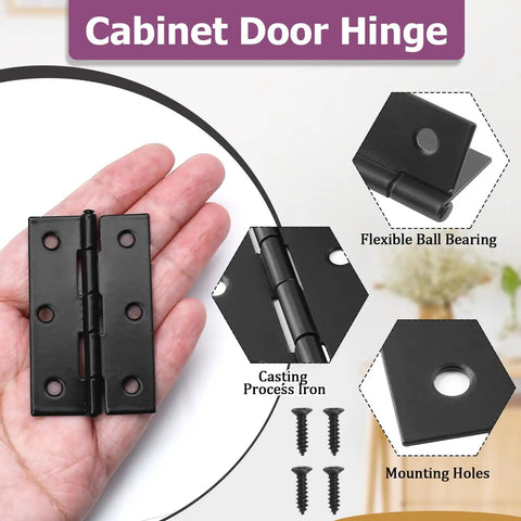 Rock Solid Black Butt Hinges Set of 12 For Interior Doors and Cabinetry Built Tough As Nails Flat Steel Design shown in hand with mounting screws.
