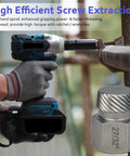 Person using 25 Piece Screw Extractor And Bolt Remover Set For Removing Broken Stripped And Frozen Screws with drill on metal pipe