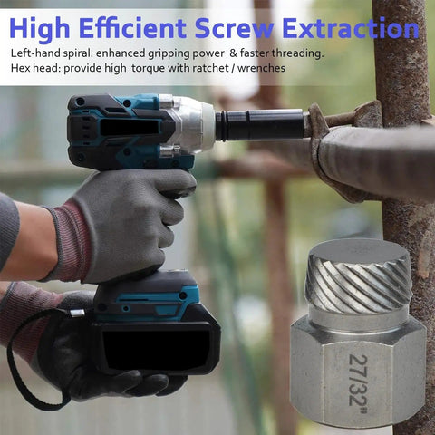 Person using 25 Piece Screw Extractor And Bolt Remover Set For Removing Broken Stripped And Frozen Screws with drill on metal pipe