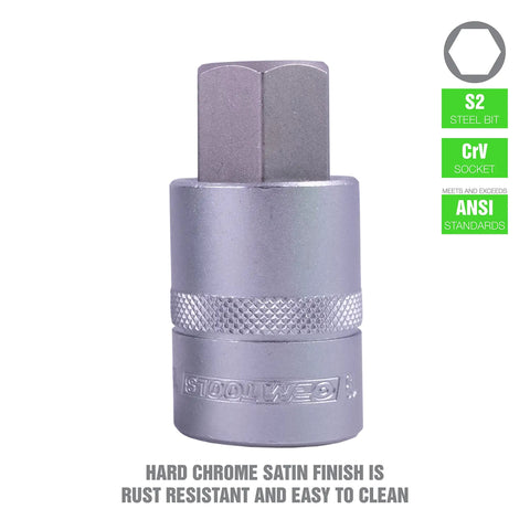 Close-up of a steel hex bit socket with rust-resistant chrome finish from the 32 Piece Hex Bit Socket Set With SAE And Metric Sizes.