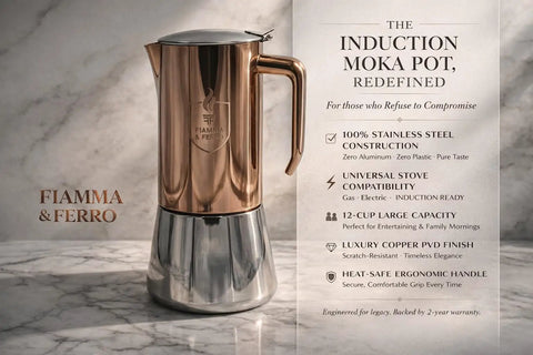 Premium Italian Espresso Maker 12 Cup Moka Pot In Stainless Steel With Copper PVD Finish Induction Compatible No Aluminum 20 Oz Coffee Pot For Rich Flavor And Clean Taste Barista Level At Home on marble countertop