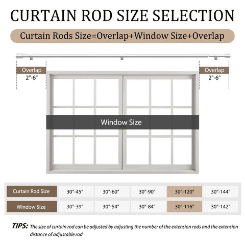 Size guide for Heavy Duty Adjustable Curtain Rod Set In Silver Finish 1 Inch Diameter Extends From 30 To 120 Inches Long