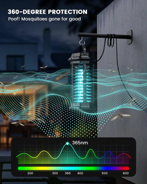 Outdoor Mosquito Zapper Electric Bug Killer 4200V with 15W UV Light mounted on patio wall, emitting UV waves.