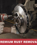 Wheel Hub Resurfacing Kit For Lug Studs And Brake Rotors With Pro Grade Rust Removal in use, electric drill cleaning rotor surface