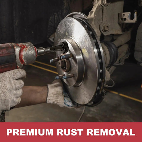 Wheel Hub Resurfacing Kit For Lug Studs And Brake Rotors With Pro Grade Rust Removal in use, electric drill cleaning rotor surface