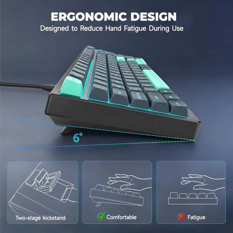 Top Shelf 75 Percent Wired Mechanical Gaming Keyboard With Rgb Backlit Keys And Slick Metal Media Dial For A Clean Desk Setup showcasing ergonomic design with 6-degree angle.