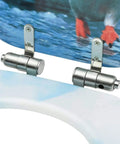 Ultra Soft Flannel Toilet Seat Covers With Quiet Closing Lids, metal hinges close-up for easy installation on toilet seat.