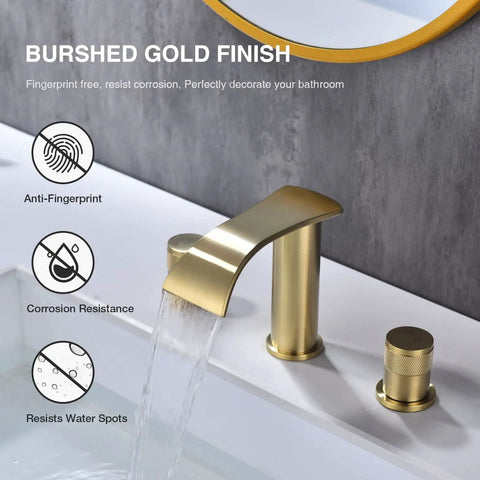 Brushed Gold Bathroom Sink Faucet Eight Inch Widespread With Two Handles Brass Waterfall Lavatory Vanity Faucet Overflow