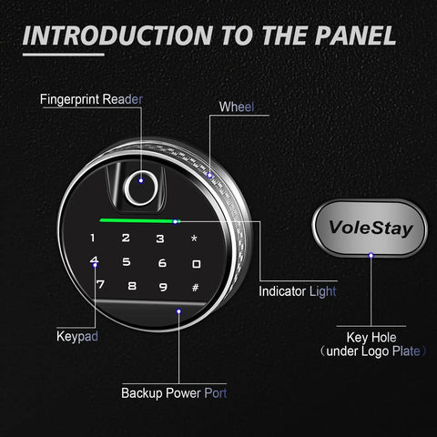 Fingerprint Safe Box For Home And Office With Fast Biometric Access And PIN Code Backup, showing control panel details.