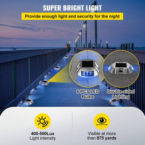 Blue Solar Deck Lights 8 Pack Wireless Waterproof Pathway Garden Step Lights With 6 LEDs For Decks Driveways Walkways And Steps No Wiring Needed Easy Install Sun Powered Outdoor Lighting That Charges By Day And Shines All Night on a dock at night