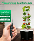 7 Layer 35 Pod Hydroponic Tower Garden System with 12V Pump and Smart Timer indoors, displaying vegetables and timer remote.