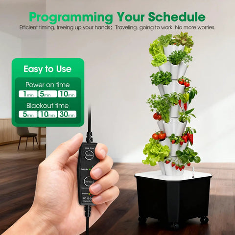 7 Layer 35 Pod Hydroponic Tower Garden System with 12V Pump and Smart Timer indoors, displaying vegetables and timer remote.